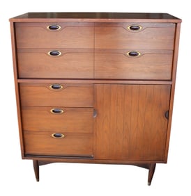 Mid Century Hooker Mainline walnut fitted high chest with sliding door