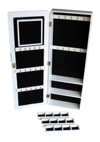 White lacquer finish hanging mirrored front jewelry box