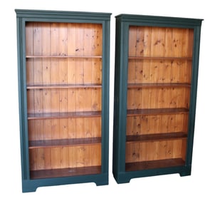 Pair country painted frame knotty pine open front bookcases