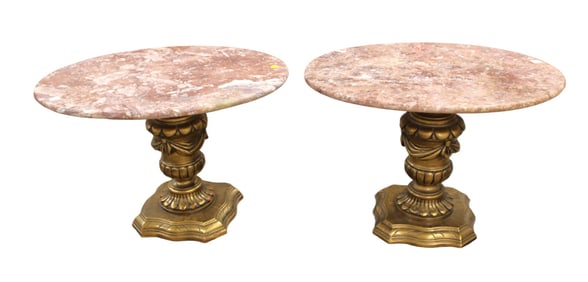 Pair vintage Italian custom made base oval marble top tables