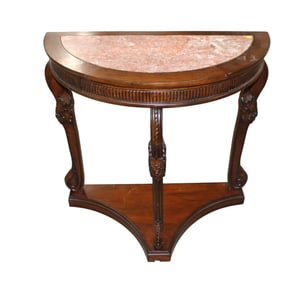 Chinese carved mahogany marble top demilune console table