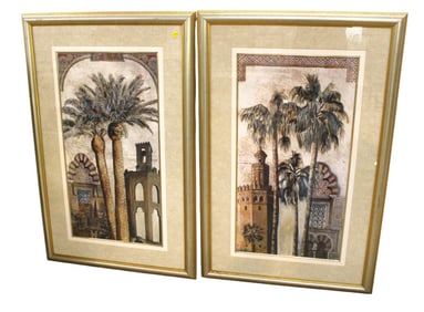 Pair framed print artworks of palm trees and buildings