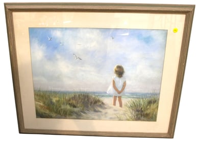 Vintage signed print madded in frame of beach scene girl looking at ocean