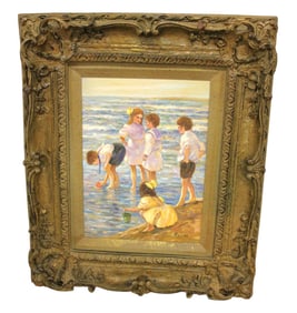 Artist signed Cygne oil on canvas in heavily carved frame