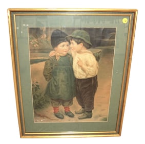 Antique framed print on canvas under glass folk art style