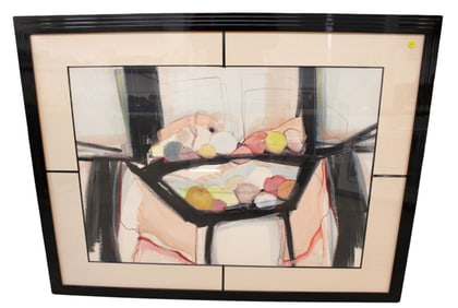 Mid century abstract print in black lacquer stepped frame