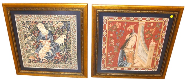 2 framed Indian needlepoint style prints under glass