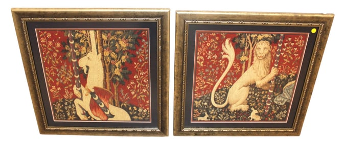 Pair of mythical needlepoint style framed prints
