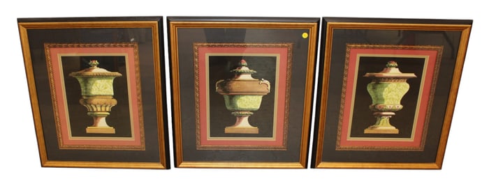 Set 3 urn decorative prints in black and gold frame attrib. Ethan Allen