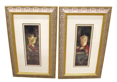 Pair carved decorative framed urn prints attrib. Ethan Allen