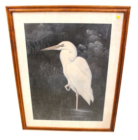 Mid century wood tweed matt framed artwork of white heron