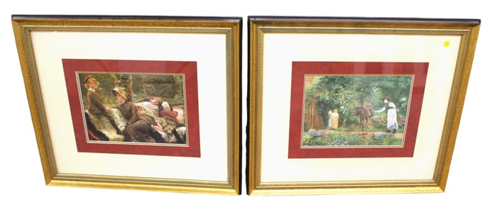 Pair Victorian country side scenes nicely matted & framed