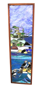 Semi antique lead glass window with water fowl 48x14x3.5