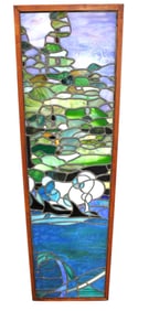 Semi antique lead glass window with pond scene 48x14x3.5