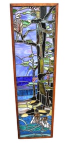Semi antique lead glass window with otters & birds 48x14x3.5