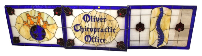 3 antique lead glass windows Medical Globe, Spinal Cord, Chiro Office