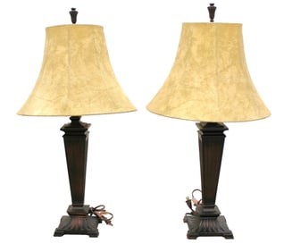 Pair of contemporary lamps in bronze finish with shades
