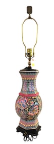Asian inspired vintage porcelain lamp on wood base