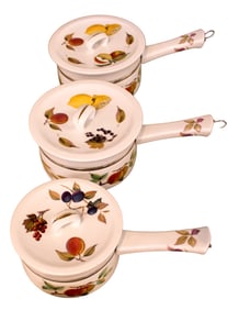 3 Royal Worcester Evesham handled sauce pans with lids