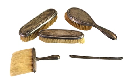 4 antique sterling silver handled brushes and sterling silver comb holder