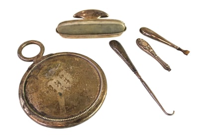 5 pieces of antique sterling silver. Nail buffer, mirror, button hook and 2 handles.