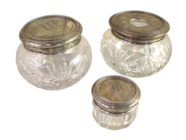3 sterling silver lidded cut glass dresser jars.