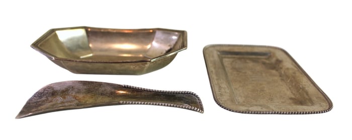 3 pieces antique sterling silver. 2 dresser trays and shoe horn.