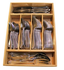 Oneida 72 pieces stainless steel flatware set in wooden tray.