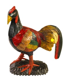 Large hand carved paint decorated wooden rooster 17"h