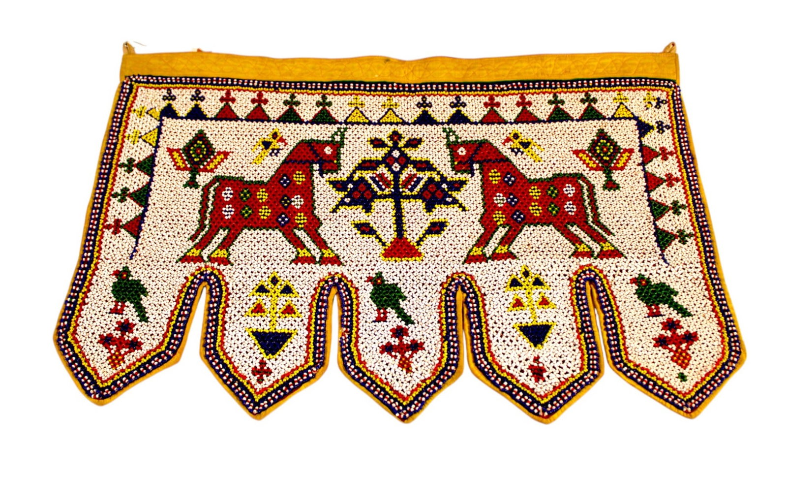 Semi antique indian Gujaret Saurashtra beadwork 21"l x 14"h: Semi antique indian Gujaret Saurashtra beadwork. Structurally sound good condition for age. 21"l x 14"h