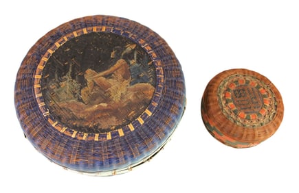 2 indian hand woven baskets with lids  ca.1900's