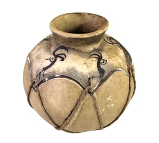 Native American rustic Kokopelli pottery vase, rawhide & string