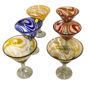 6 art glass multi colored swirled cocktail drink glasses, 7"h x 5.5"