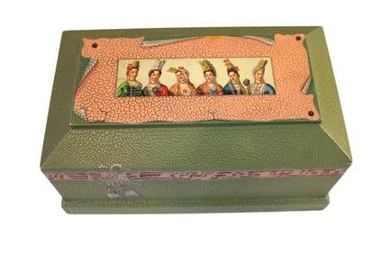 Italian paint decorated lidded wooden box, 6"h x 12"l x 7"w