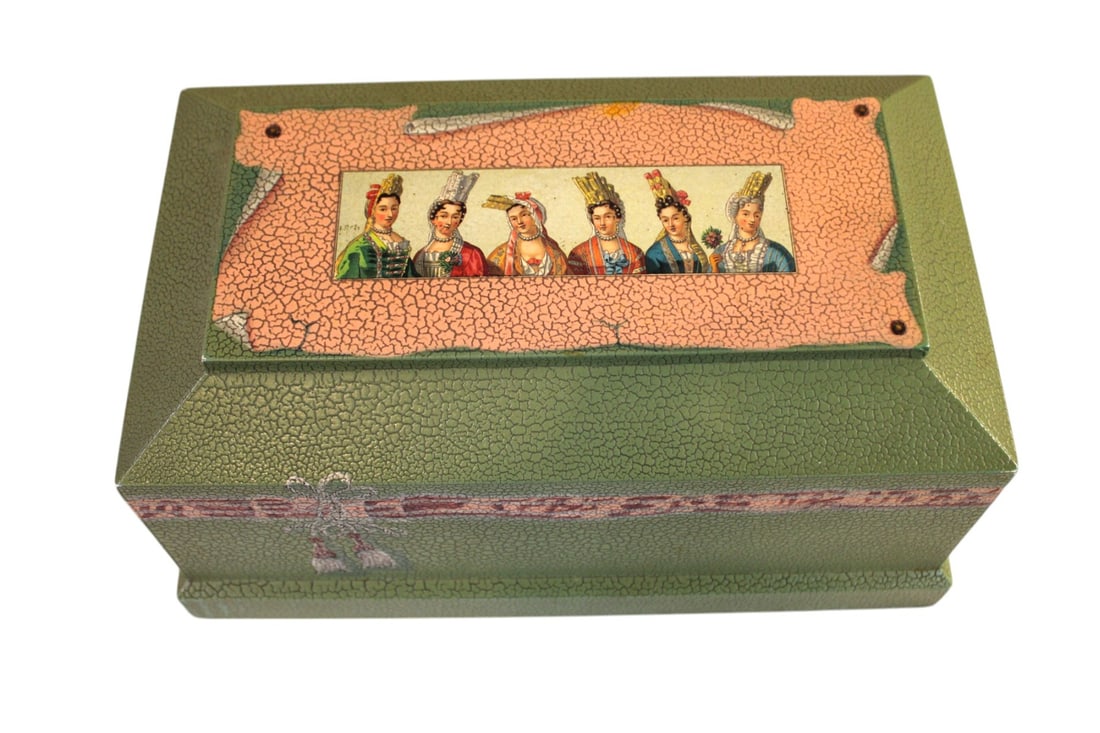 Italian paint decorated lidded wooden box, 6"h x 12"l x 7"w (1 of 5)