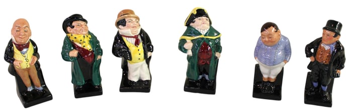 6 Royal Doulton porcelain figurines: The Fat Boy, Tony Weller, Bumble, Captain Cuttle, Bill Sikes,
