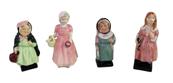 4 Royal Doulton porcelain figurines: Little Nell, Miss Bapdeil, Sairey Gamp, Tinker Bell