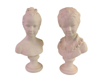 Vintage pair porcelain Alexander Becker busts, boy & girl 17"h