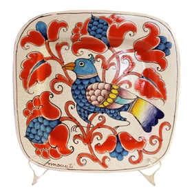 Italian signed Innocenti hand painted square platter with bird, 11x11
