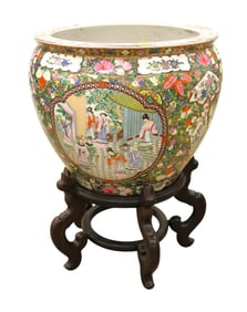 Large Chinese decorative fish bowl on wood stand, 27x20