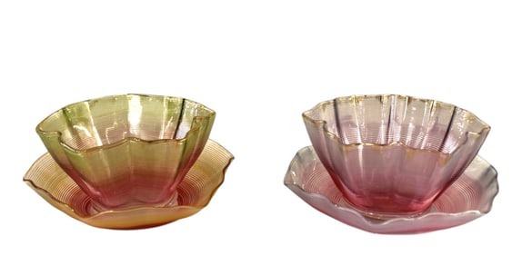 Victorian Opalescent threaded pink ruffle art glass finger bowls & underplates