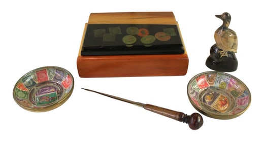 Rapp wood desk box, indian letter opener, bone duck, 2 ashtrays