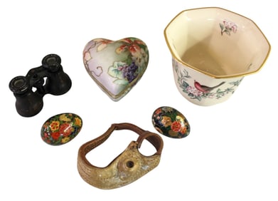 Rare leather vintage sail sewing tool, opera glasses, Nippon trinket box, Lenox vase, 2 decorative