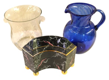 Blue glass water pitcher, ice bucket, mid century sg. porcelain box