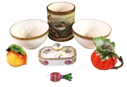 Limoges turnip trinket box Peint Main, sg. peach, 2 Limoges bowls, tobacco jar no lid, hand ptd.