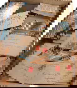 Box of Ephemera: letters, post cards, stamps & more