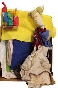 Large box of textiles: napkins, place matts, finger puppets, clothe doll?