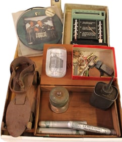Mixed lot several items: weather station, stamp holder, general public 45 record, antique skate,