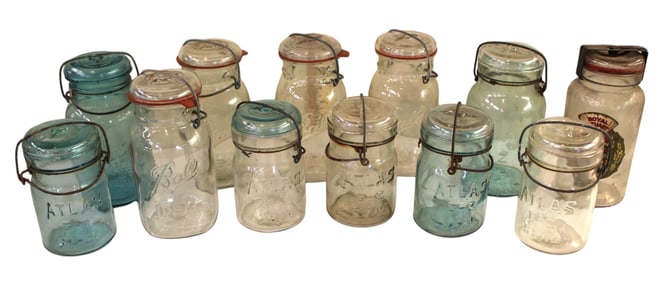 12 antique glass caning jars with lids