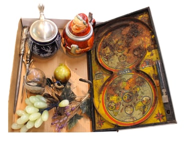 6 items: old atlas pinball toy, 2 german steins, copendhagan porcelain owl, glass fruit, cutlery set